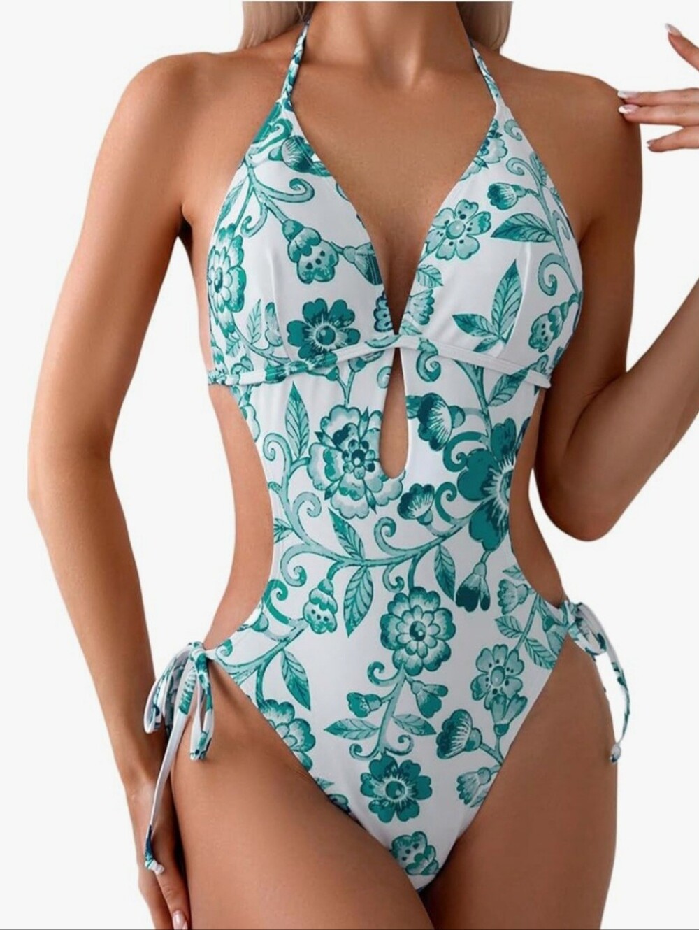 Teal Floral Cutout One-Piece Swimsuit